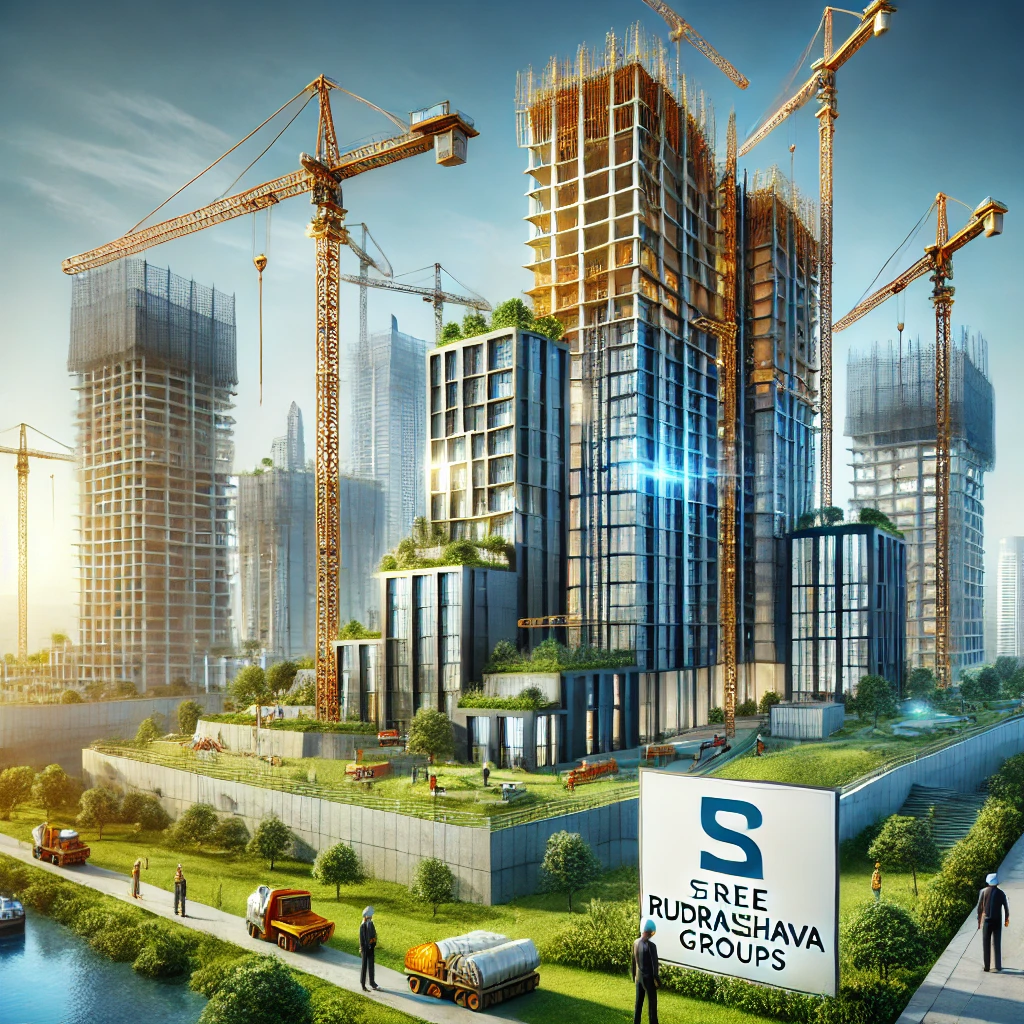 DALL·E 2024-09-18 12.41.47 - A professional property development and construction scene featuring modern buildings under construction by Shree Rudrakeshava Groups. The image shows